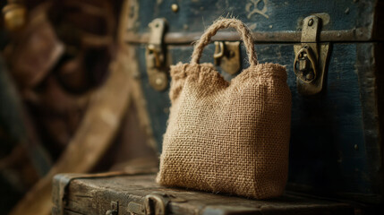 Rustic handmade burlap bag on vintage wooden chest studio setup detailed close-up textured environment