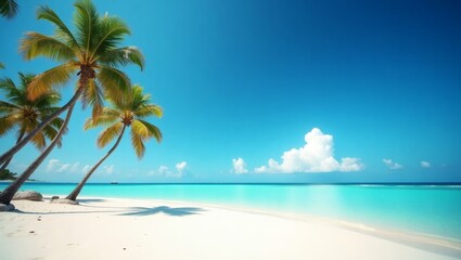 Fototapeta premium a serene tropical beach scene featuring swaying palm trees under a vibrant blue sky, inviting relaxation and escape. The turquoise water gently meets the shore
