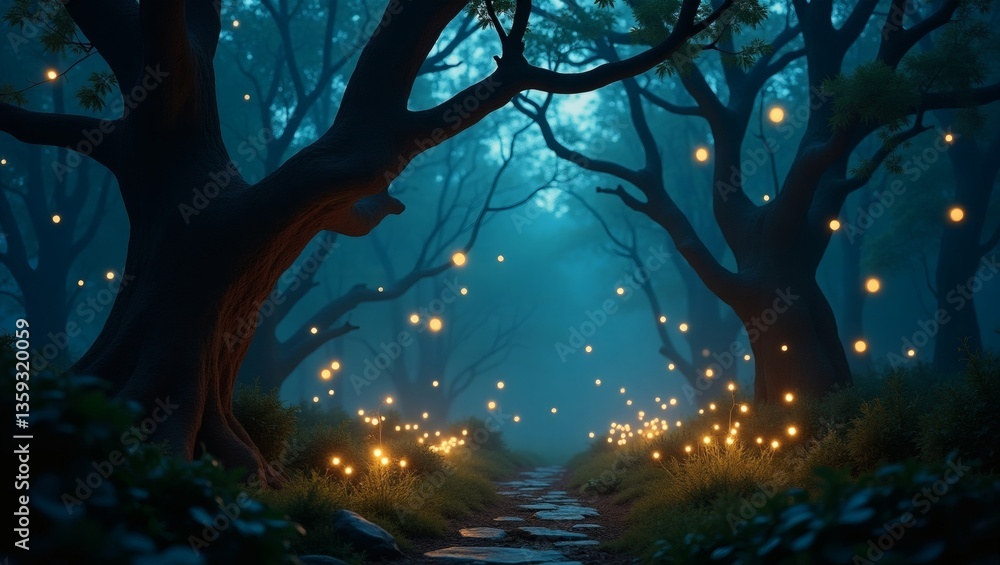 Poster a magical forest pathway illuminated by glowing lights, creating an enchanting atmosphere. The tall trees and mystical lights offer a fairytale environment 