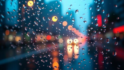 raindrops on window with bokeh lights in the background, evoking a sense of tranquility and urban life during a rainy night. The lights create a soft blur