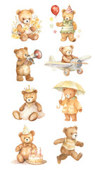 Fototapeta premium PNG watercolor teddy bear character element set, transparent background