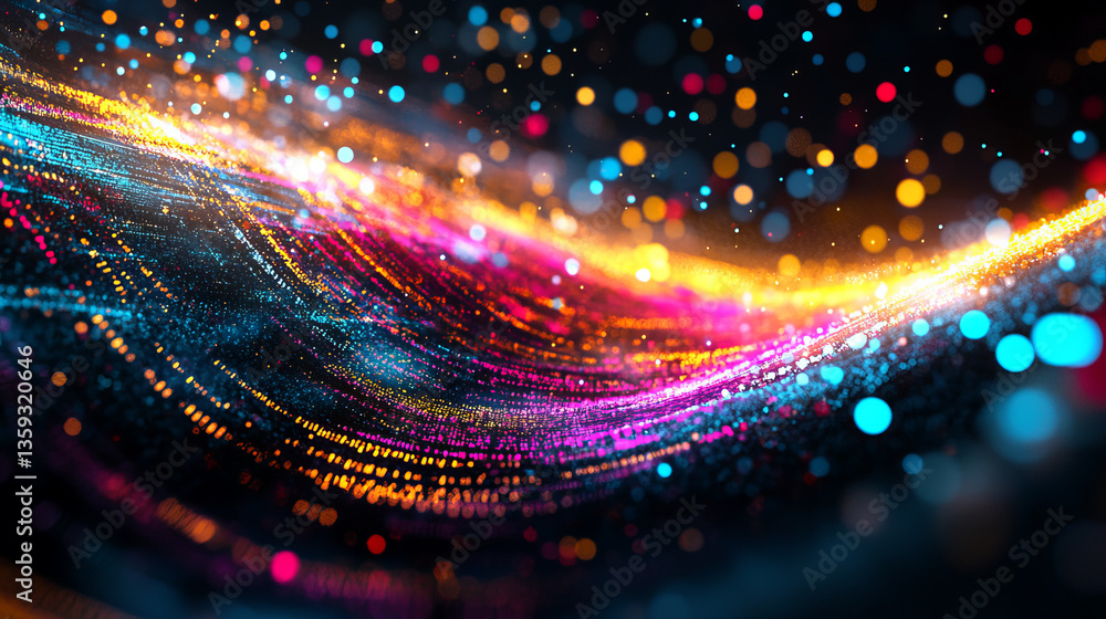 Poster visualized data stream. abstract neon field, fractal elements of digital data and binary code. full-