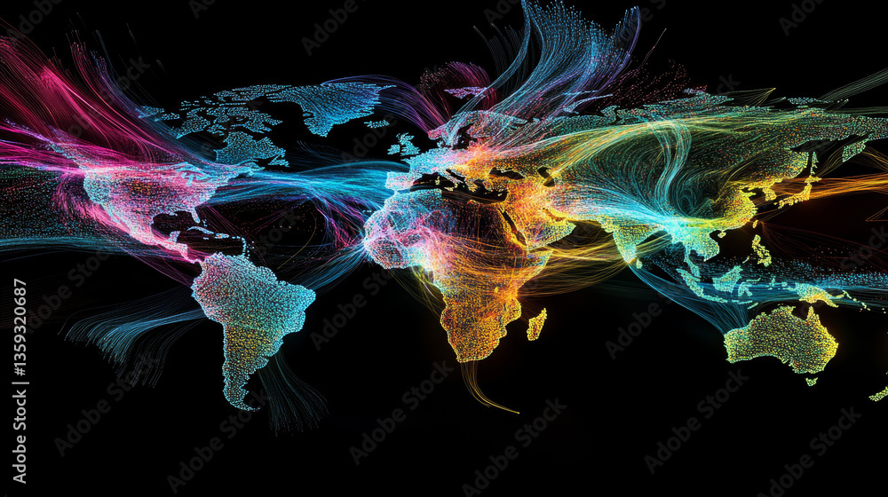 Poster abstract map of continents. globalization and geopolitics in high-tech world of future. 3d illustrat