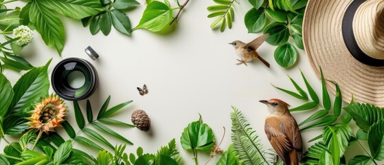 Flat lay composition of outdoor birdwatching equipment on colorful surface with a robin and greenery. Nature and adventure concept. Top down aerial view of binoculars and green tropical leaves. AIG55.