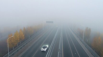 Obraz premium A self driving electric vehicle navigates a dense misty highway surrounded by autumn foliage