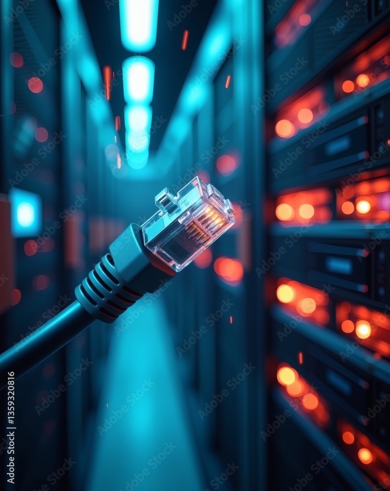 Poster An Ethernet cable with a network server rack in the background, the image showing the heart of digital connectivity. This picture captures the essence of how data is transferred