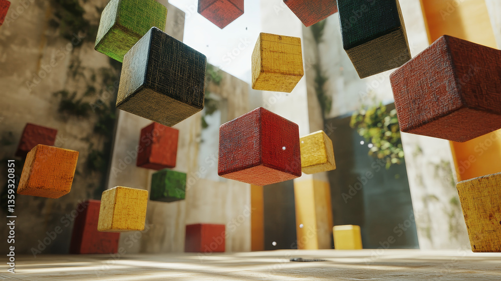 Poster abstract geometric composition. volumetric cubes on a light background. data blocks moved in cybersp