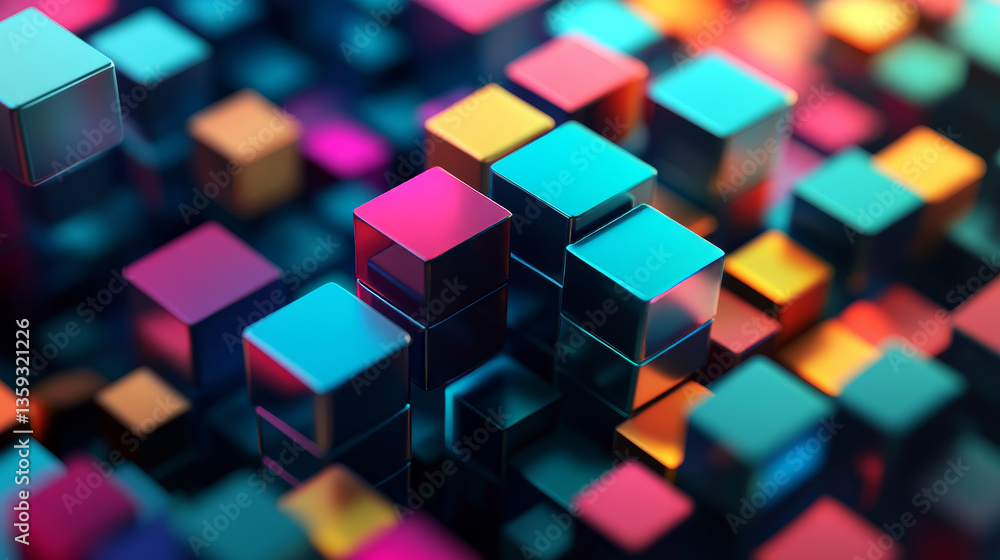 Poster hi-tech square blocks are collected in a cubic array against the background of information fields. 3
