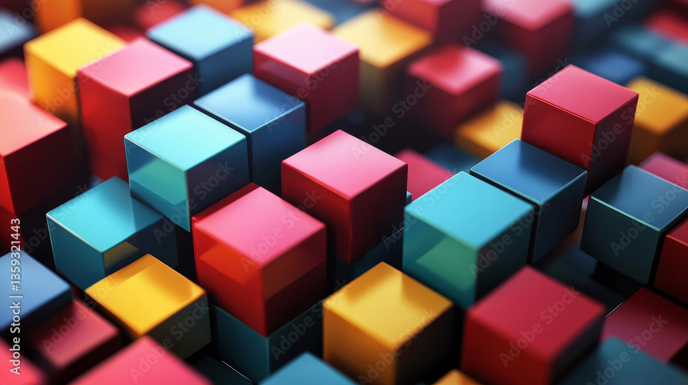 Poster hi-tech square blocks are collected in a cubic array against the background of information fields. 3
