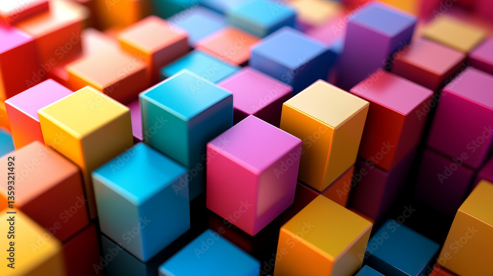 Poster hi-tech square blocks are collected in a cubic array against the background of information fields. 3