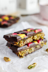 Dubai chocolate bar with pistachio paste and kadaif dough