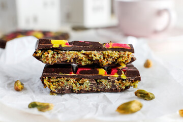 Dubai chocolate bar with pistachio paste and kadaif dough