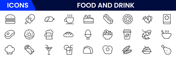 Food and drink web icons in line style. Meal, restaurant, dishes, fruits, fastfood, burger, pizza, coffee, sandwich, collection. Vector illustration.