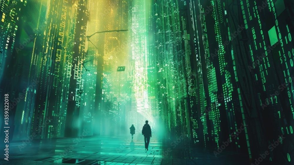 Poster a stunning futuristic cityscape featuring vibrant digital data streams illuminated in neon green. th