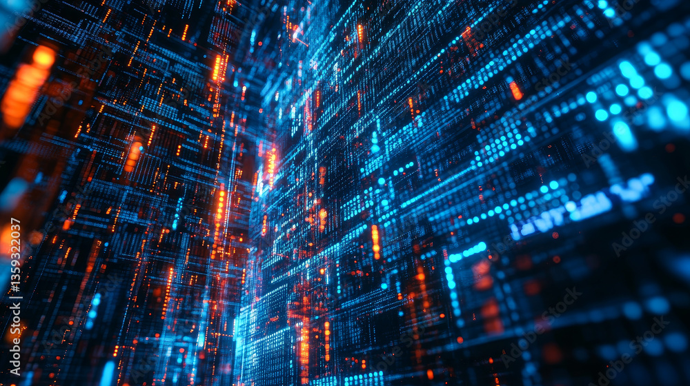 Poster abstract binary code. cloud data. blockchain technology. digital cyberspace. big data concept 3d ill