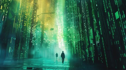 A stunning futuristic cityscape featuring vibrant digital data streams illuminated in neon green. This captivating scene evokes a sense of exploration in a high-tech environment.
