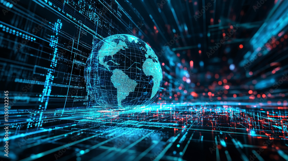 Poster global neural network. communication technology of the future. big data concept. 3d illustration of 