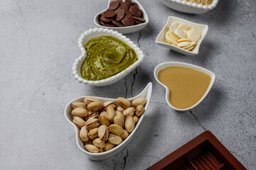 Trendy dubai chocolate ingredients for making dubai chocolate.