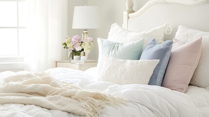 A bed with a white comforter and pillows in various colors