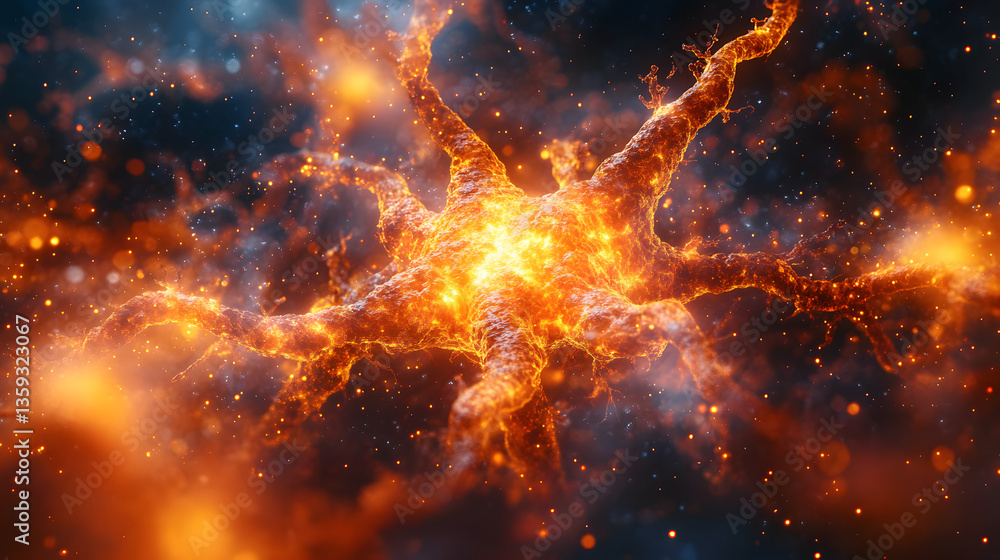 Poster burning nerve cell in space: a captivating display of a neuron cell, glowing with fiery energy, set 