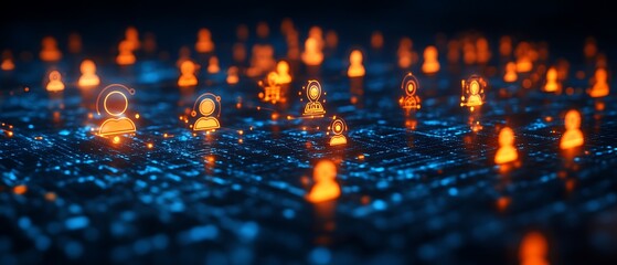 Illuminated digital avatars representing people and network connections are shown