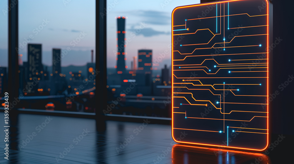Poster digital interface with city view: a futuristic circuit board interface is illuminated by a vibrant g