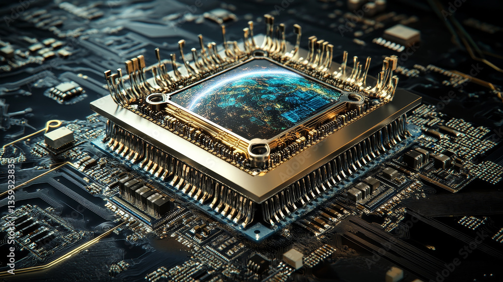 Aufkleber futuristic cpu. quantum processor in the global computer network. 3d illustration of digital cyber s
