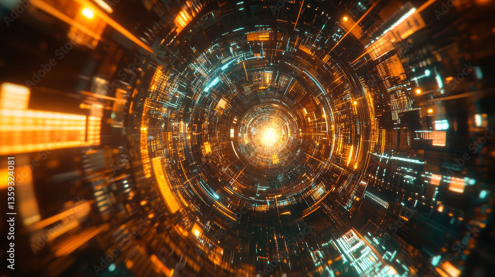 Poster futuristic cpu 3d illustration. quantum processor in global database. digital cyber space and artifi