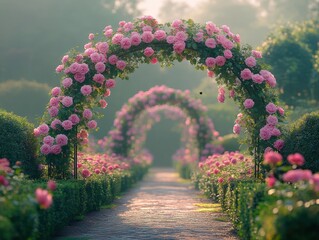 English rose garden in full bloom with symmetrical beds, boxwood hedges, and climbing roses on a central wrought-iron arch