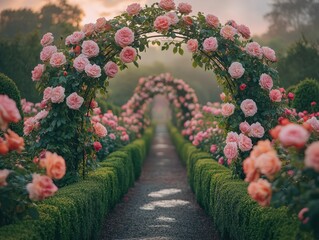 English rose garden in full bloom with symmetrical beds, boxwood hedges, and climbing roses on a central wrought-iron arch