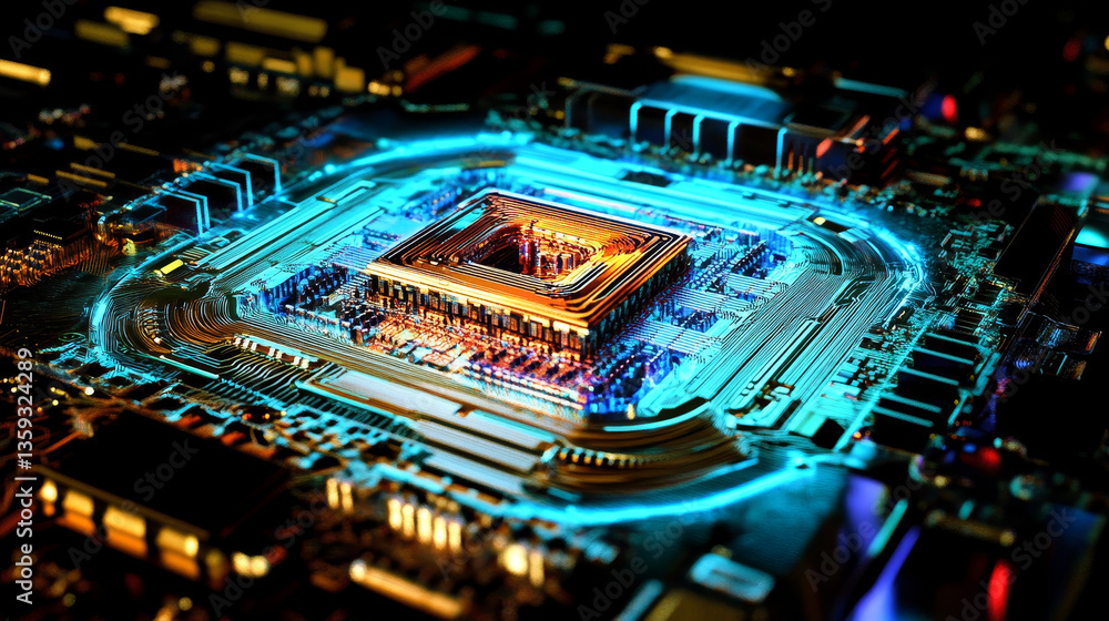 Poster futuristic cpu. quantum processor in the global computer network. 3d illustration of digital cybersp