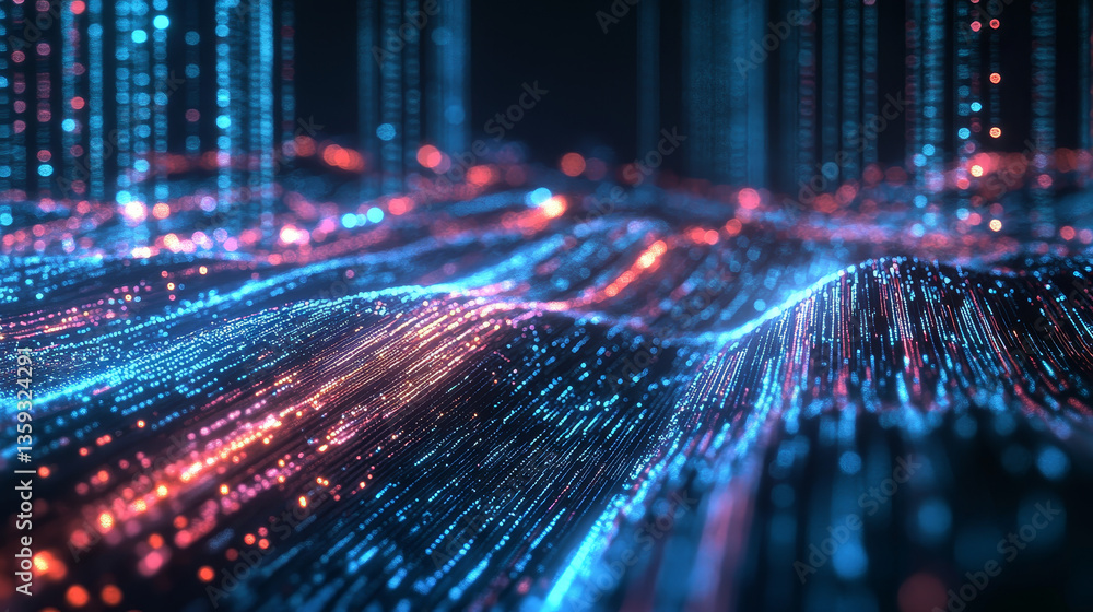 Poster information waves, analytics data, field of successive points, data flow, neon light, cyber structur