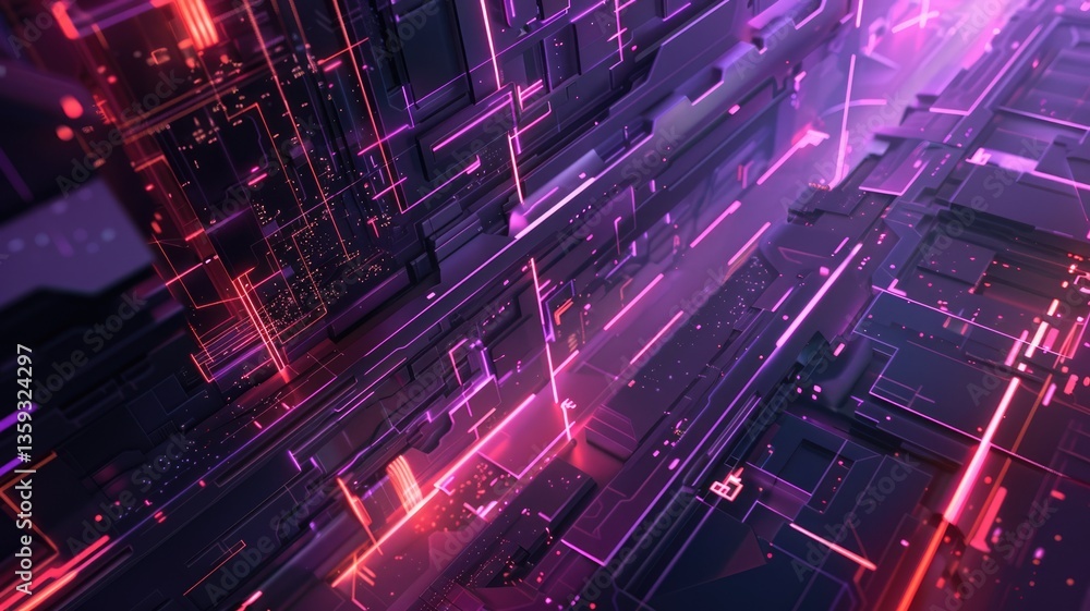 Poster explore a vibrant cyberpunk abstract design featuring dynamic lines and shapes in bold neon colors. 