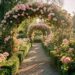 English rose garden in full bloom with symmetrical beds, boxwood hedges, and climbing roses on a central wrought-iron arch