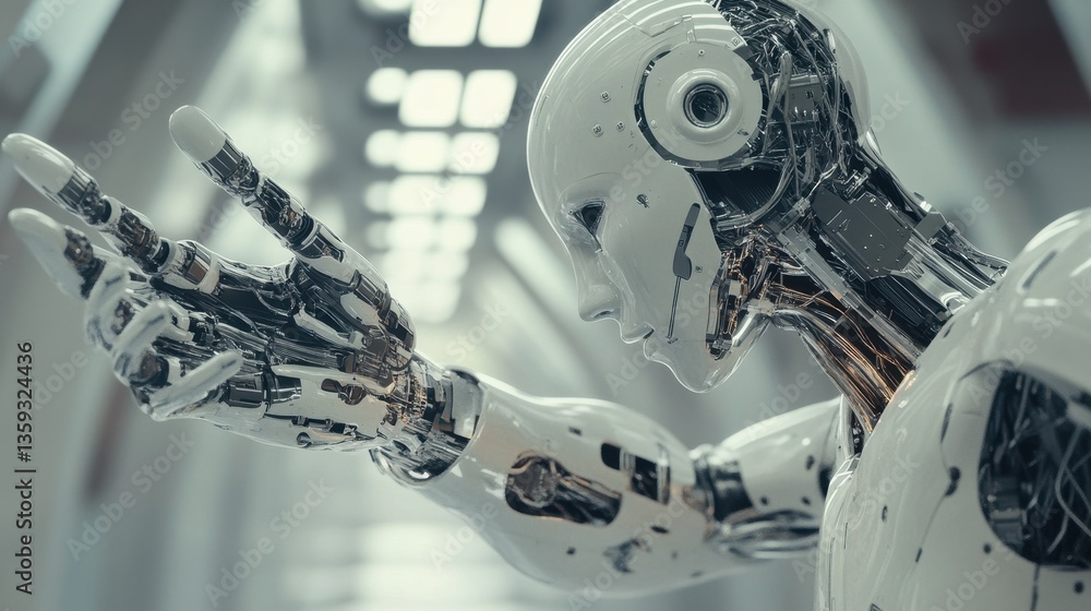 Poster this image features a futuristic robot with intricate android features, showcasing its metallic body