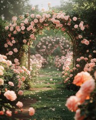 English rose garden in full bloom with symmetrical beds, boxwood hedges, and climbing roses on a central wrought-iron arch