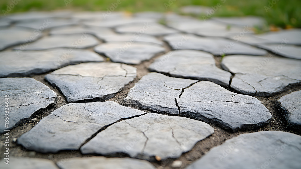 Poster pathway of stone: a close-up view of a weathered stone pathway, with each stone showing intricate cr