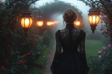 Victorian walled garden at dusk with lanterns among roses and lavender, woman in black dress walking beneath ivy-covered trellis

