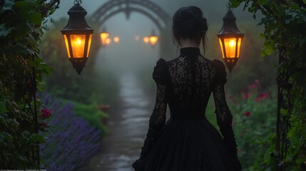 Victorian walled garden at dusk with lanterns among roses and lavender, woman in black dress walking beneath ivy-covered trellis

