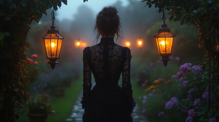 Victorian walled garden at dusk with lanterns among roses and lavender, woman in black dress walking beneath ivy-covered trellis

