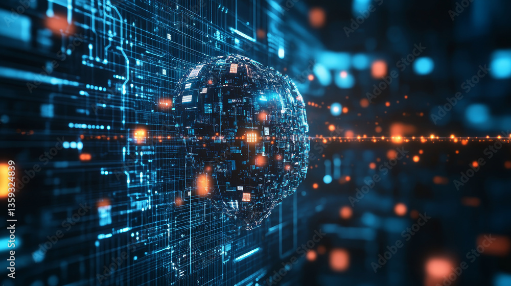 Poster futuristic processor concept. global database in digital cyberspace. 3d illustration on the topic of