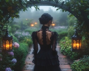 Victorian walled garden at dusk with lanterns among roses and lavender, woman in black dress walking beneath ivy-covered trellis

