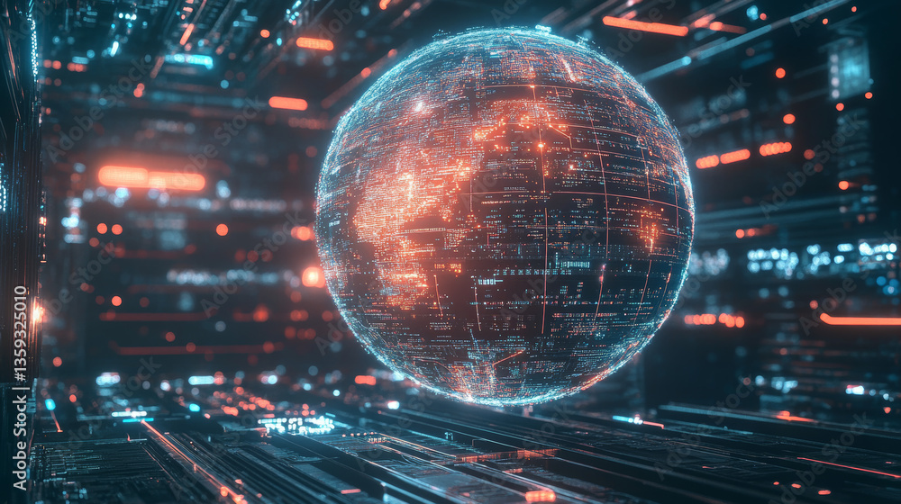 Poster futuristic processor concept. global database in digital cyberspace. 3d illustration on the topic of