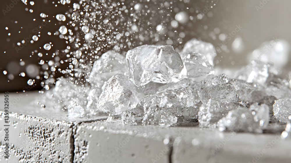 Aufkleber exploding ice: a close-up image captures the moment ice shatters and explodes, sending droplets in a