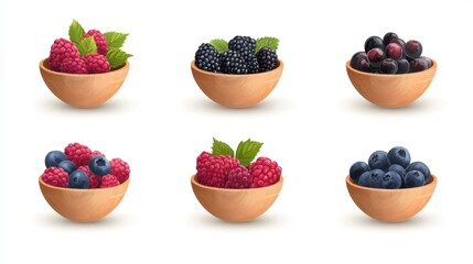 Fresh and Colorful Berries in Wooden Bowls on White Background