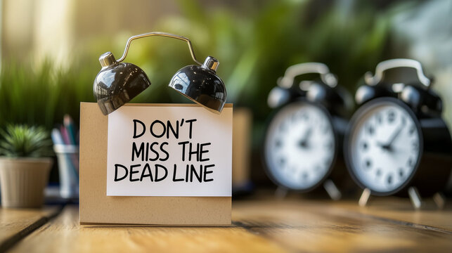 Don't miss the deadline reminder with alarm clock  bells on wooden table of modern business office