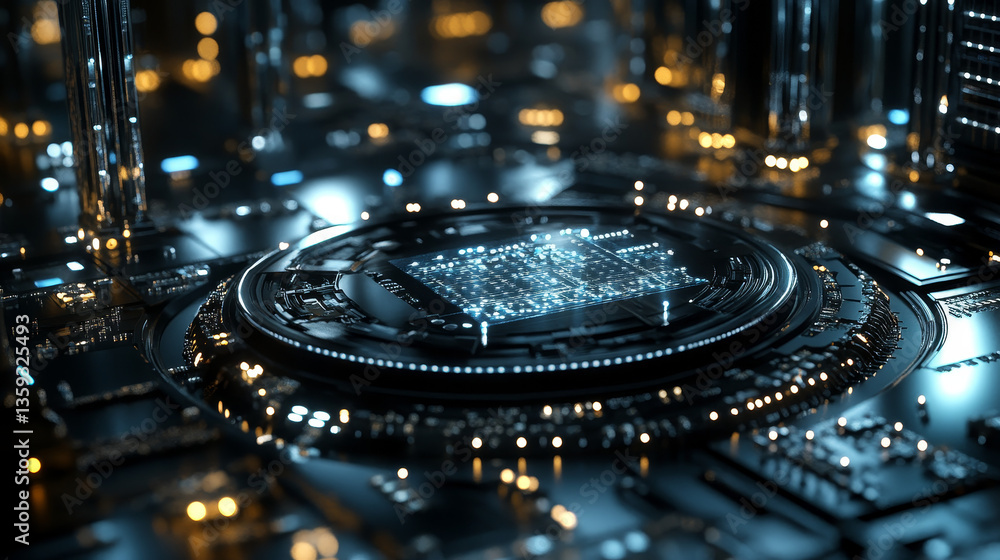 Poster futuristic cpu. database, data center. quantum processor in global computer network. 3d illustration