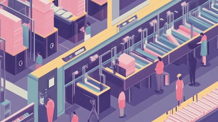 People interacting within an isometric view of a production line