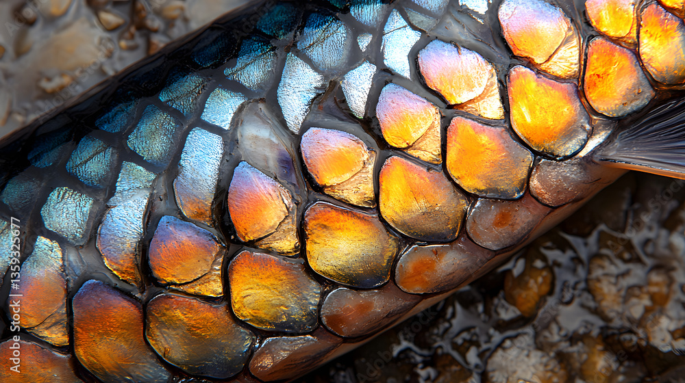 Poster aquatic scales: discover a vibrant array of colors and textures within a close-up view of fish scale