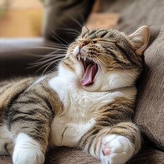Cat yawning in cozy living room indoor environment relaxed lifestyle warm atmosphere